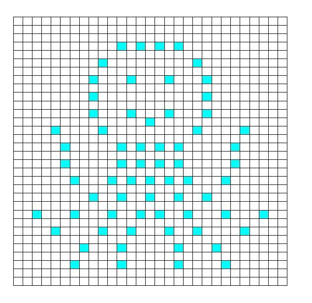 a cross stitch pattern with squares in blue and green on a white background that has been drawn