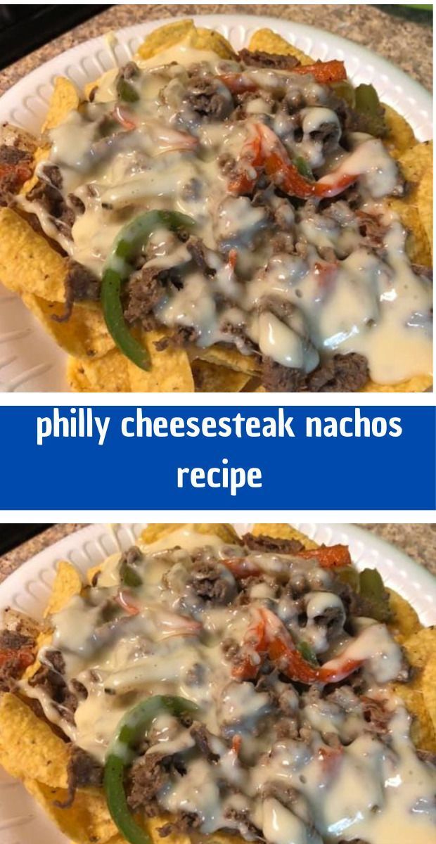 two pictures of cheesesteak nachos on a plate