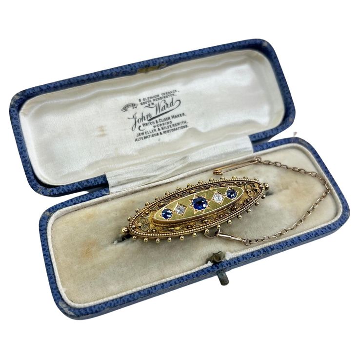 Antique Gold Brooch 15ct Gold Hallmarked Birmingham 1895 Makers Mark L & L Fabulous, Victorian Oval Shaped Brooch. Set with Gorgeous Sapphires & Diamonds. Beautifully Detailed with Fine Etruscan Work, Gold Ball Border & Open Locket Back. Secure Pin & Safety Chain Weight 7.6g Measures Approx Height 16.6mm & Length 48.3mm All of our items are either Antique, Vintage or Preloved. They are in used condition & may show some signs of age related wear, light surface scratches or tarnish. All of our ite Luxury Traditional Brooches With Filigree, Open Locket, Jewelry Wishlist, Gold Brooch, Antique Boxes, Diamond Brooch, Safety Chain, Gold Brooches, Sapphire Diamond