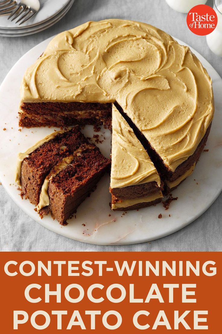 a cake that has been cut into pieces with the words contest winning chocolate potato cake