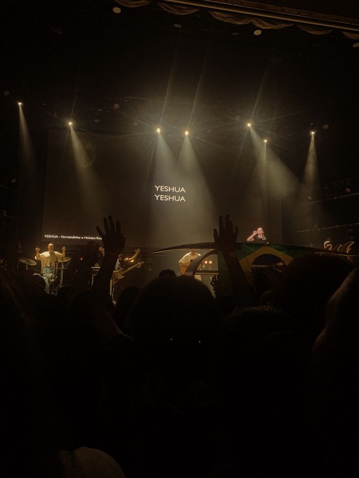 people are in the dark with their hands up and one person is standing on stage