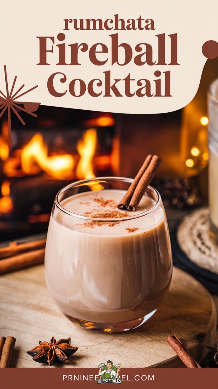 a drink in a glass with cinnamon sticks on the side and an ad for rumchata fireball cocktail