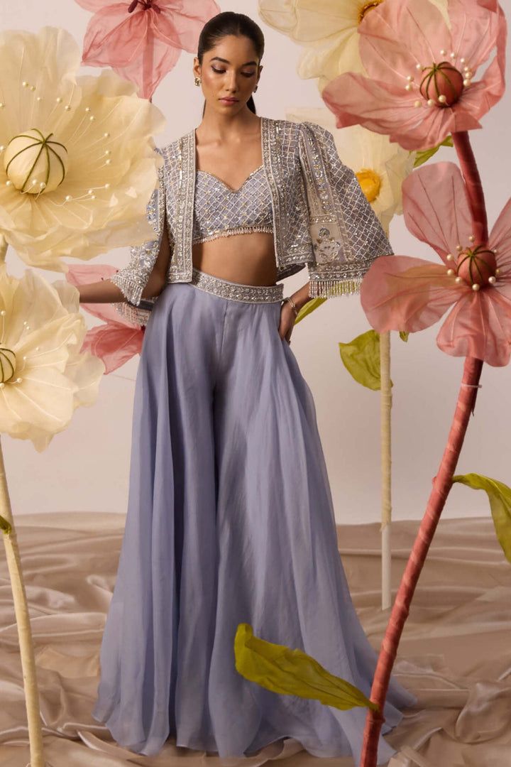 Roqa Bluebell Sky Blue Cape And Pant Set | Indiaspopup.com – INDIASPOPUP.COM Fancy Outfit Women, Haldi Theme, Ethnic Skirts, Wedding Drapes, Outfits Traditional, Modern Royalty, Mehndi Outfit, Sangeet Outfit, Fancy Outfit