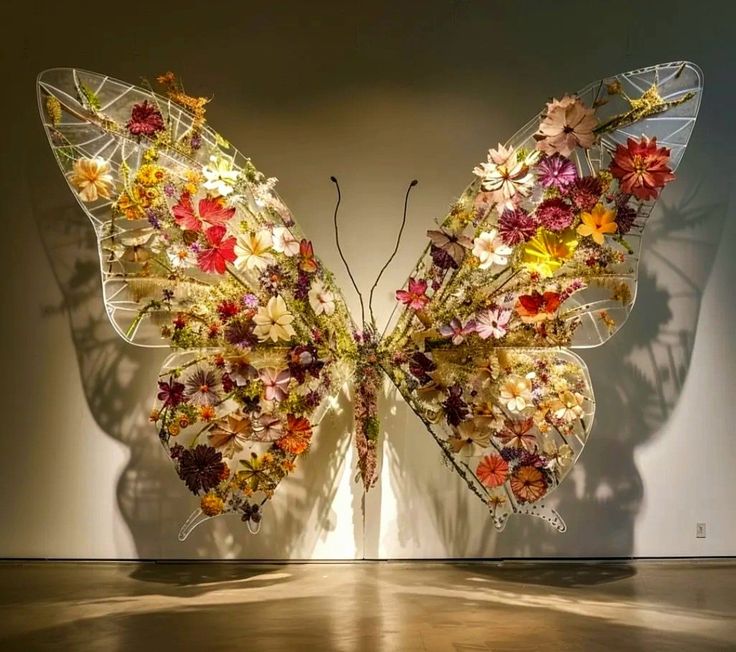 a large butterfly made out of flowers on display in a room with light coming from it's wings