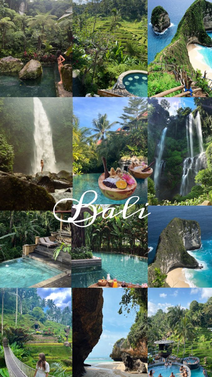 the collage shows many different scenes in bali, including waterfalls and people swimming