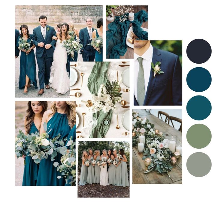 a collage of photos with blue and green wedding color palettes for the bride