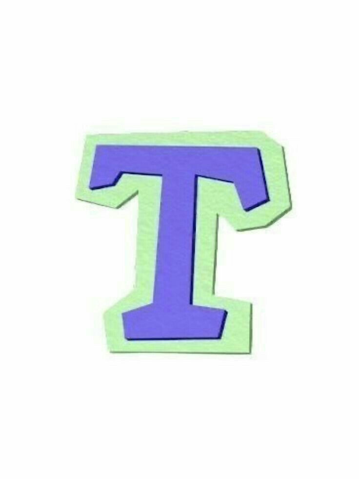 the letter t is made out of foam and has blue letters on it, with green edges