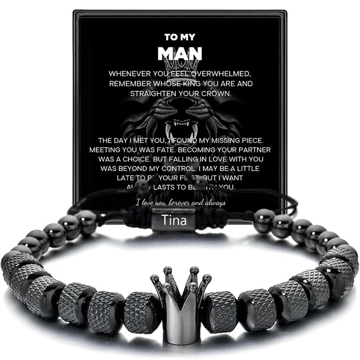 a bracelet with an image of a lion on it and the words to my man