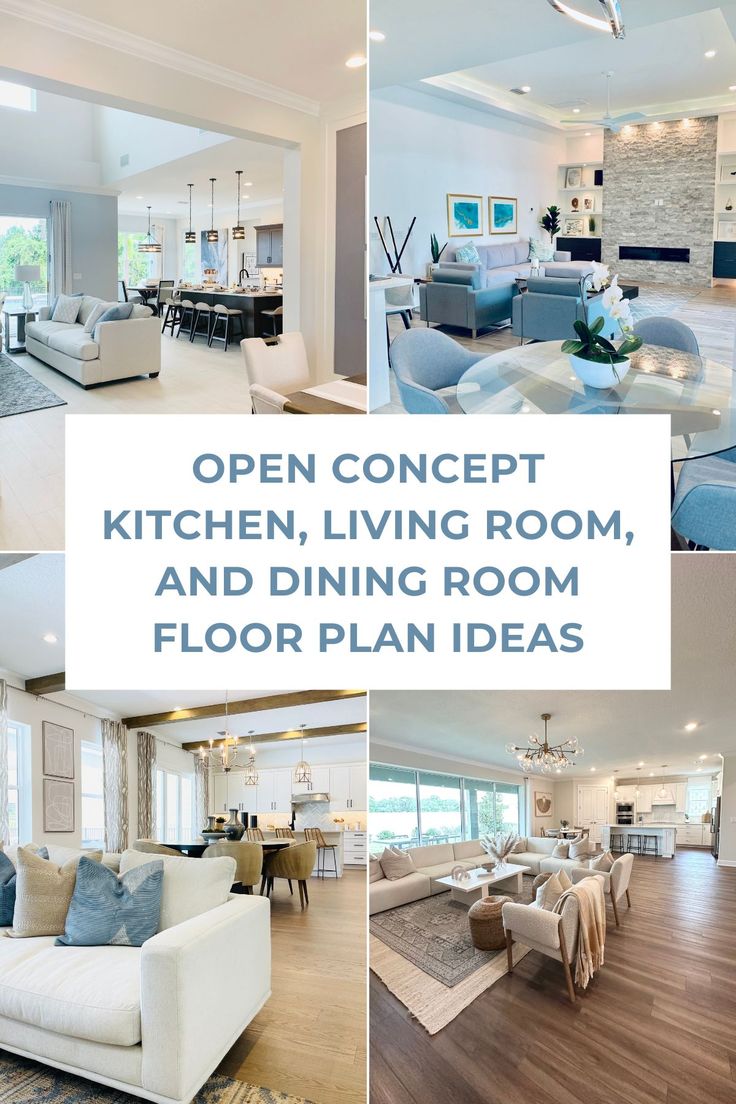 the open concept kitchen, living room and dining room floor plan ideas are featured in this collage