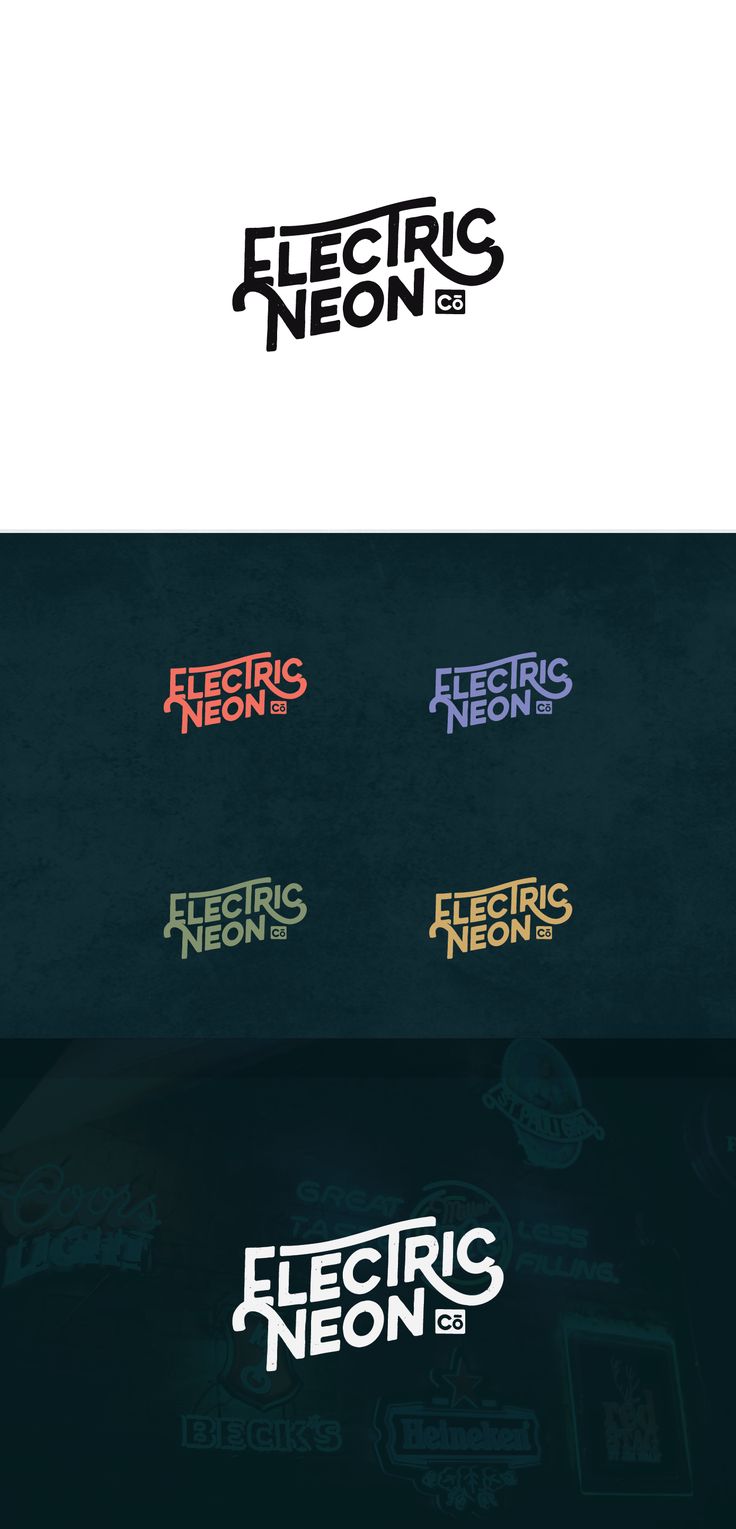 the electric neons logo is shown in three different colors