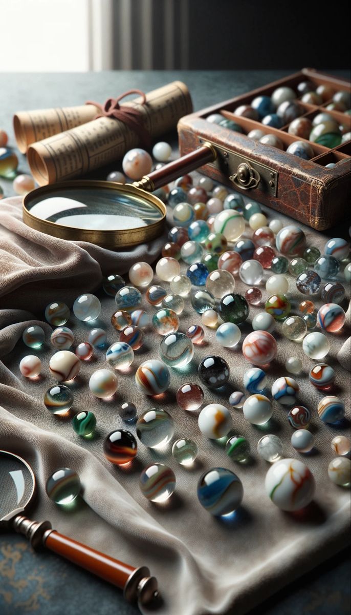 Realistic photograph showcasing a diverse collection of marbles on a velvet surface with an antique collector's pouch and magnifying glass in the background. Vintage Marbles Identification, Antique Dishes Collectible, Marble Crafts, Vintage Dishes Antiques, Antique Marbles, Marbles For Sale, Marble Pictures, Antique Glasses, Marble Price