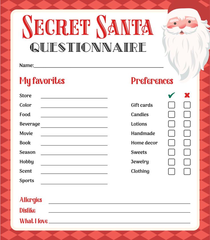 a printable santa question sheet with the words,'secret santa questionnaire '