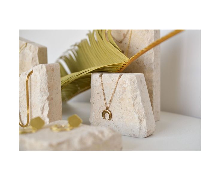 the gold necklace is on display next to some rocks and palm fronds in front of it