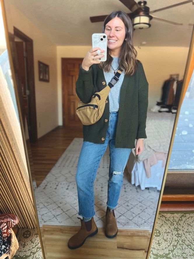 What I’ve Been Wearing Lately – Marissa Wears an Outfit 30s Fall Outfits, Ll Bean Womens Outfits, Casual Fall Layered Outfits, Suburban Mom Style, Fall Cozy Casual Outfits, Southwest Fall Outfits, Striped Shirt Fall Outfit, Flannel Shirt Work Outfit, Blundstone Office Outfit