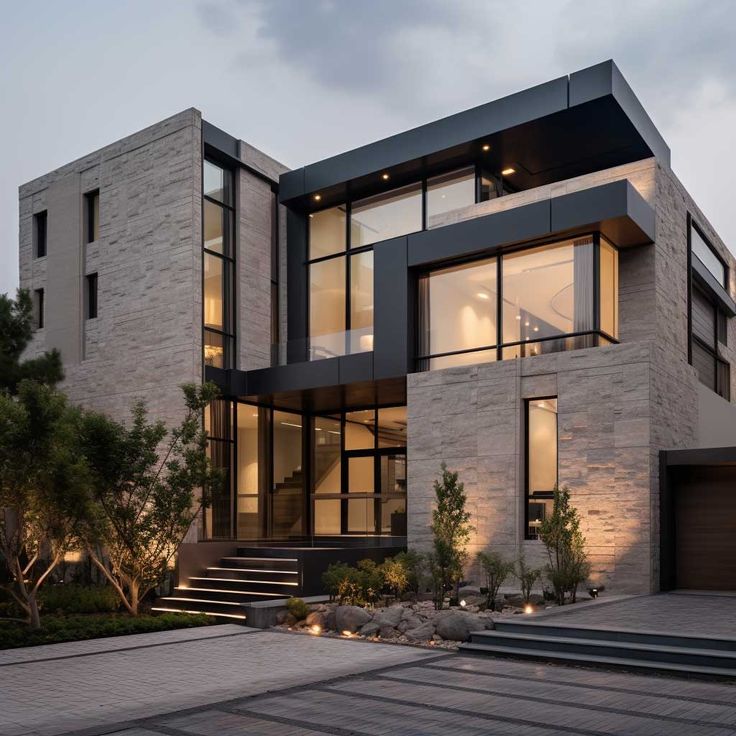 a modern house with lots of windows and steps leading up to the front door at dusk