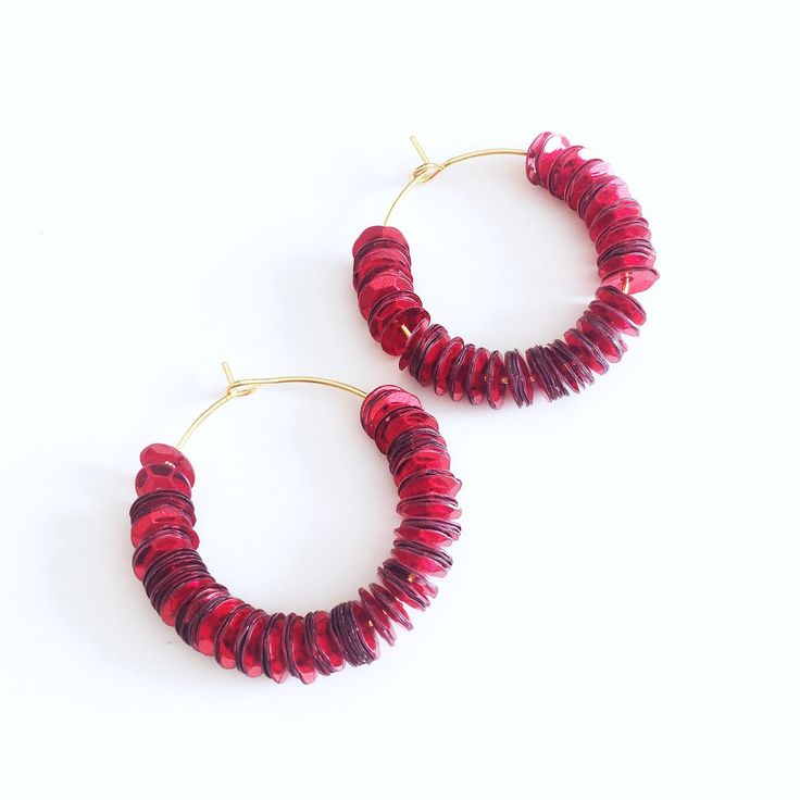 "Gold Hoop Earrings with Bright Red Hexagon Glittering Sequins, hoop size 3cm x 3cm. Handmade with care and love. Perfect statement earrings for the glamorous party. The collection Hula-la transforms our love for hula hoops into earrings! This chic glamorous beauty will definitely wins you a \"oh là là\" A range of colour combination available, see all colours from the collection: http://www.etsy.com/shop/ShopdePomme?ref=seller-platform-mcnav&search_query=collection+hula-la Or for the creative m Nickel-free Hoop Earrings For Party, Nickel Free Adjustable Hoop Earrings For Party, Hoop Earrings For Valentine's Day Party, Red Hoop Jewelry For Festive Occasions, Trendy Red Circular Jewelry, Festive Red Hoop Jewelry, Valentine's Day Hoop Earrings For Party, Valentine's Day Party Hoop Earrings, Trendy Small Hoop Red Earrings