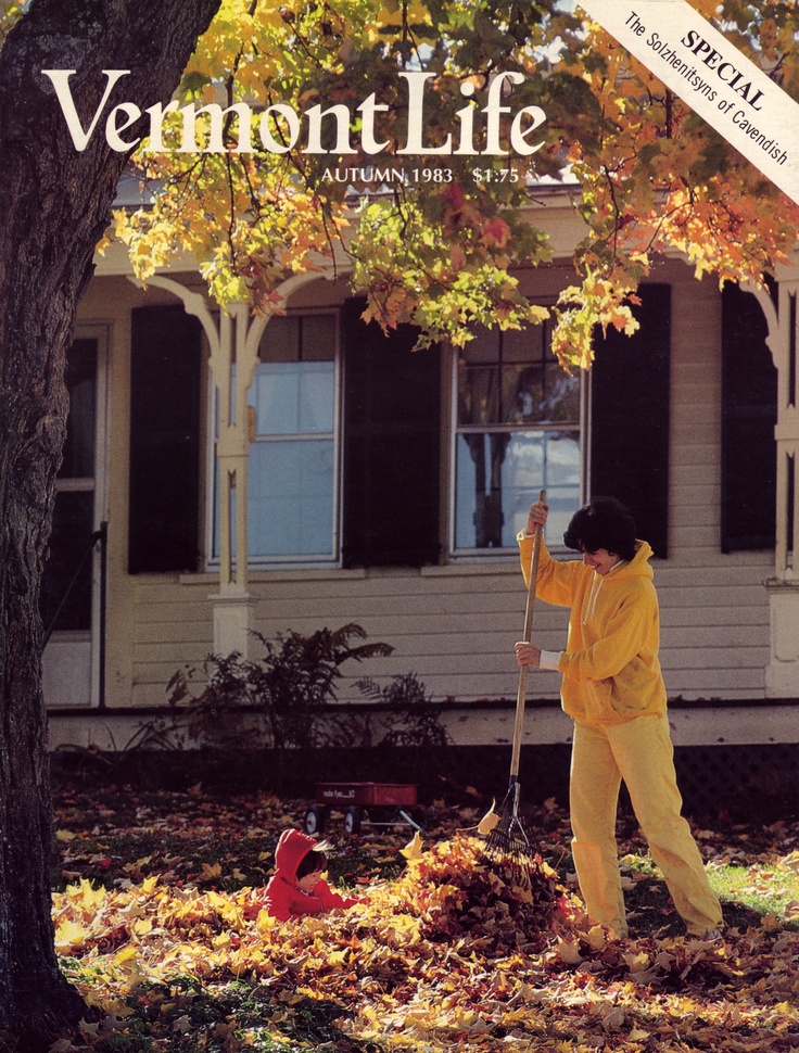 the cover of vermont life magazine shows a woman in yellow holding a rake and shovel