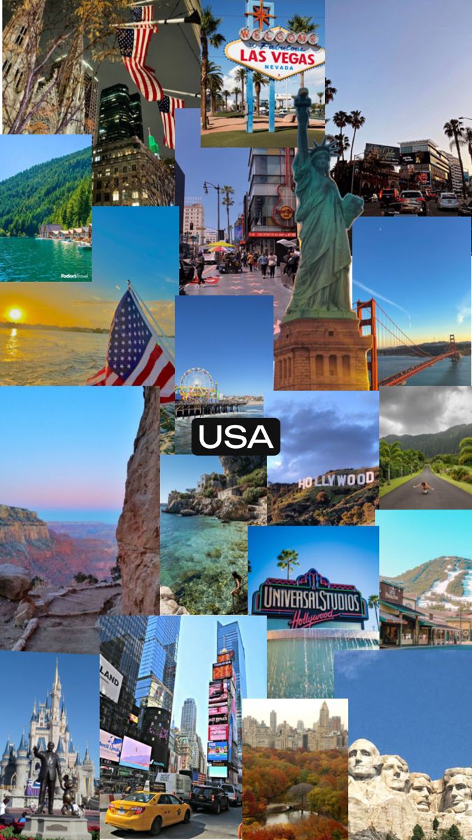 the collage has many different pictures and words to describe in each language, including usa