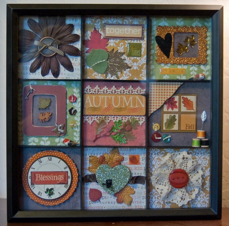 a shadow box that has many different items in it, including buttons and magnets