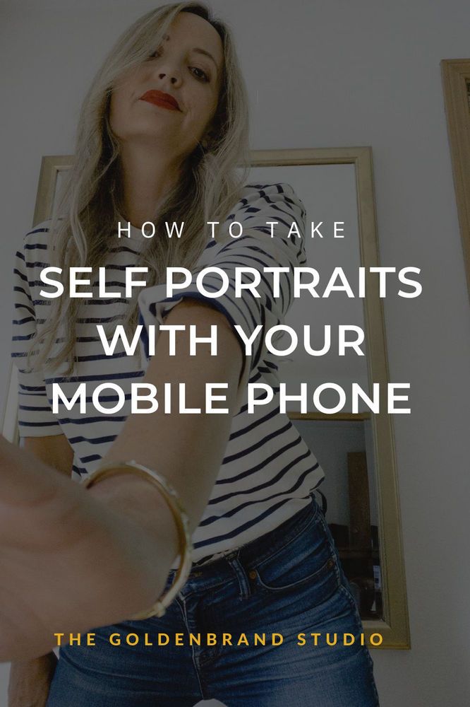 a woman taking a self portrait with her cell phone in front of a mirror that says how to take self portraits with your mobile phone