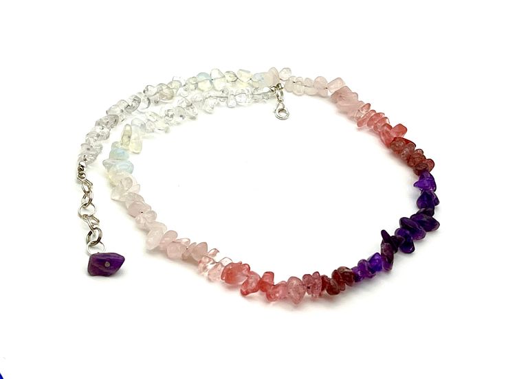 Ombré gemstone necklace. Gradient lavender choker. Beaded amethyst crystals gemstone necklace. This beautiful necklace is made from 4-8 mm gemstone chips. We purposely do not add to this crystal necklace any additional beads, such as metal or plastic. This is meant to keep the gemstone crystals in their purest state and bring you the maximum strength of the crystal healing property and vibration you need. This gemstone choker makes you feel amazing! It is made from beautiful gemstone crystals ar Adjustable Mineral Crystal Necklaces, Adjustable Mineral Crystal Necklace With Gemstone Beads, Adjustable Gemstone Beaded Crystal Necklace, Spiritual Gemstone Choker Crystal Necklace, Adjustable Round Bead Mineral Crystal Necklaces, Adjustable Crystal Necklaces For Healing, Adjustable Crystal Necklace For Healing, Adjustable Mineral Crystal Round Beads Necklace, Healing Crystal Necklaces With Adjustable Stones