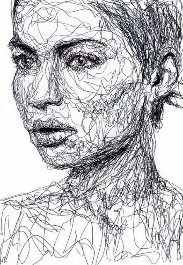 a black and white drawing of a woman's face with lines all over it