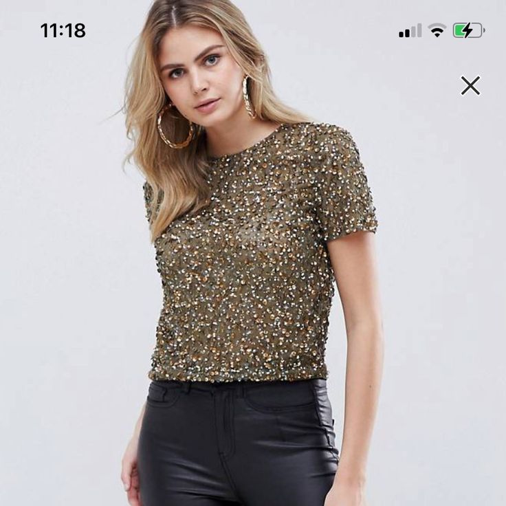 Asos Embellished Sequin Blouse Features Short Sleeves With Round Collar Design And Olive Green Color. Size Us 8 Womens Going Out Tops, Evening Blouses, Sequin Blouse, Asos Tops, Evening Tops, Green Sequins, Collar Designs, Design T Shirt, Basic Tops