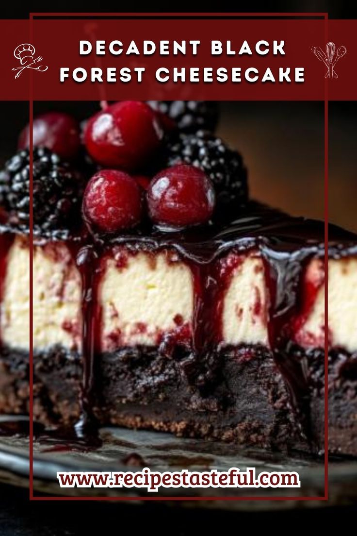 a piece of chocolate cheesecake with raspberries on top and the words decadent black forest cheesecake above it