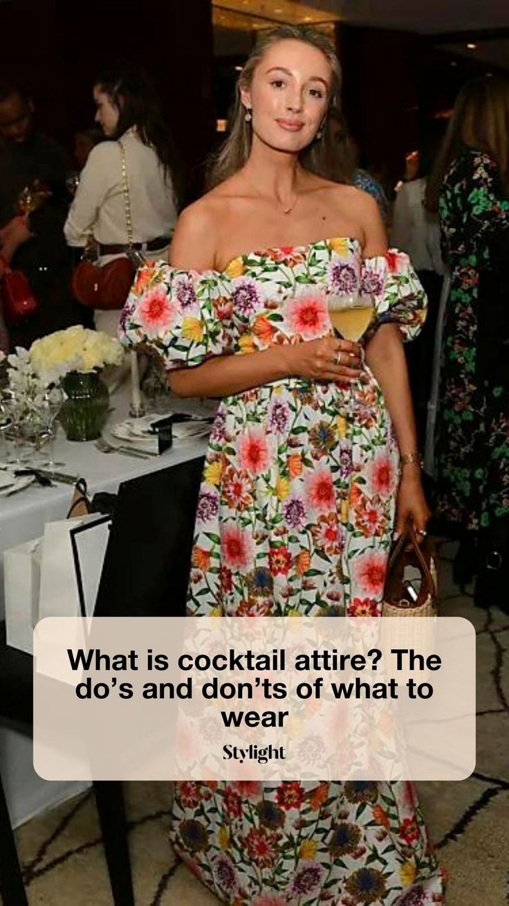 a woman standing in front of a table with flowers on it and the words was bedeuteth drescode cocktail?