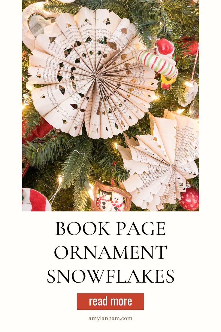 the book page for ornament snowflakes is displayed in front of a christmas tree