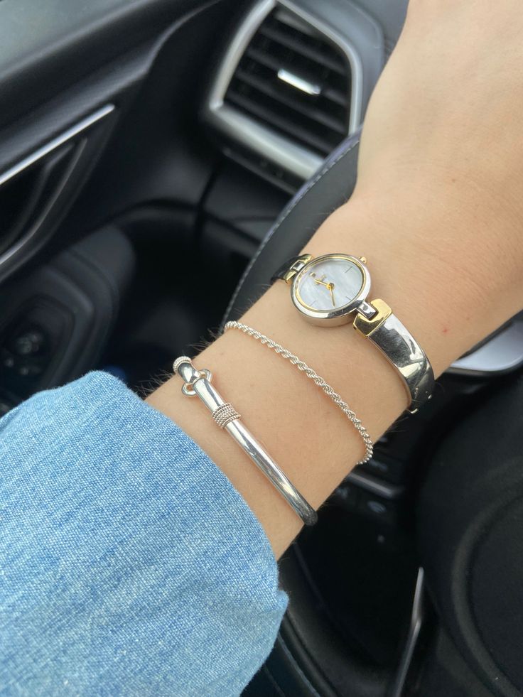 Simple Silver Watch Women, Silver Watch And Bracelet Stack, Silver Bracelet Stack With Watch, Timeless Silver Jewelry, Silver Stacked Bracelets, Dainty Watch Silver, Womens Silver Watch, Silver Watch Stack, Silver Watches Women Classy