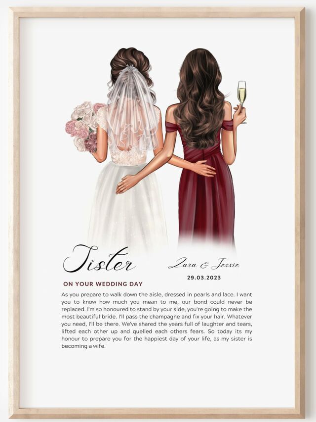 two women in wedding dresses are holding wine glasses and looking at each other with the words sister on their back