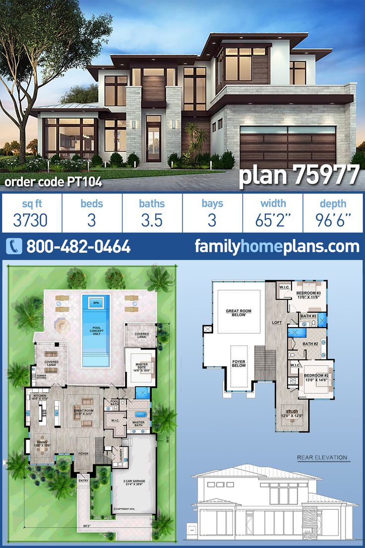 the floor plan for this modern house is shown in blue and white, with two levels to