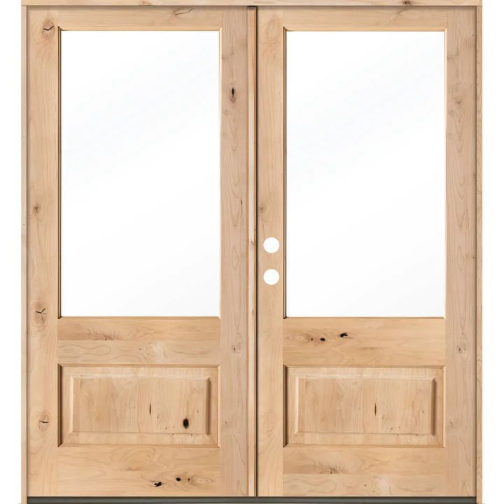 a pair of double doors with clear glass on the front and side panels are shown