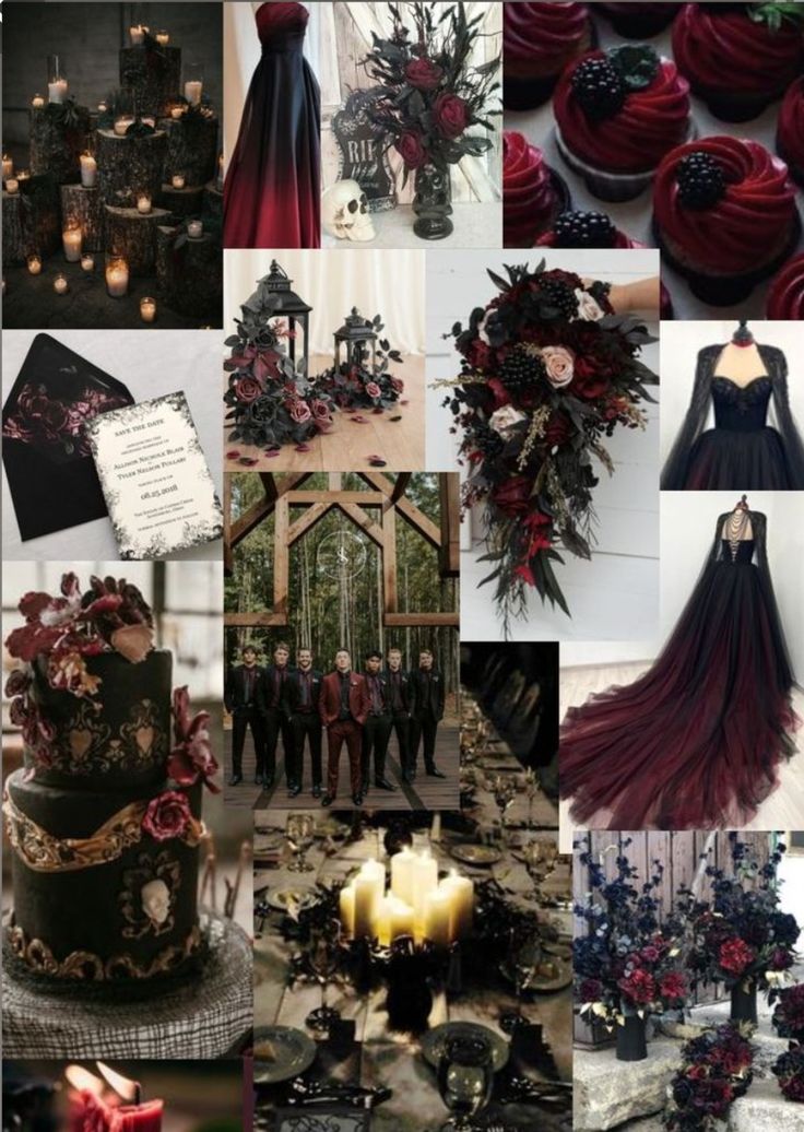 a collage of black and red wedding decorations, flowers, and candles in different colors