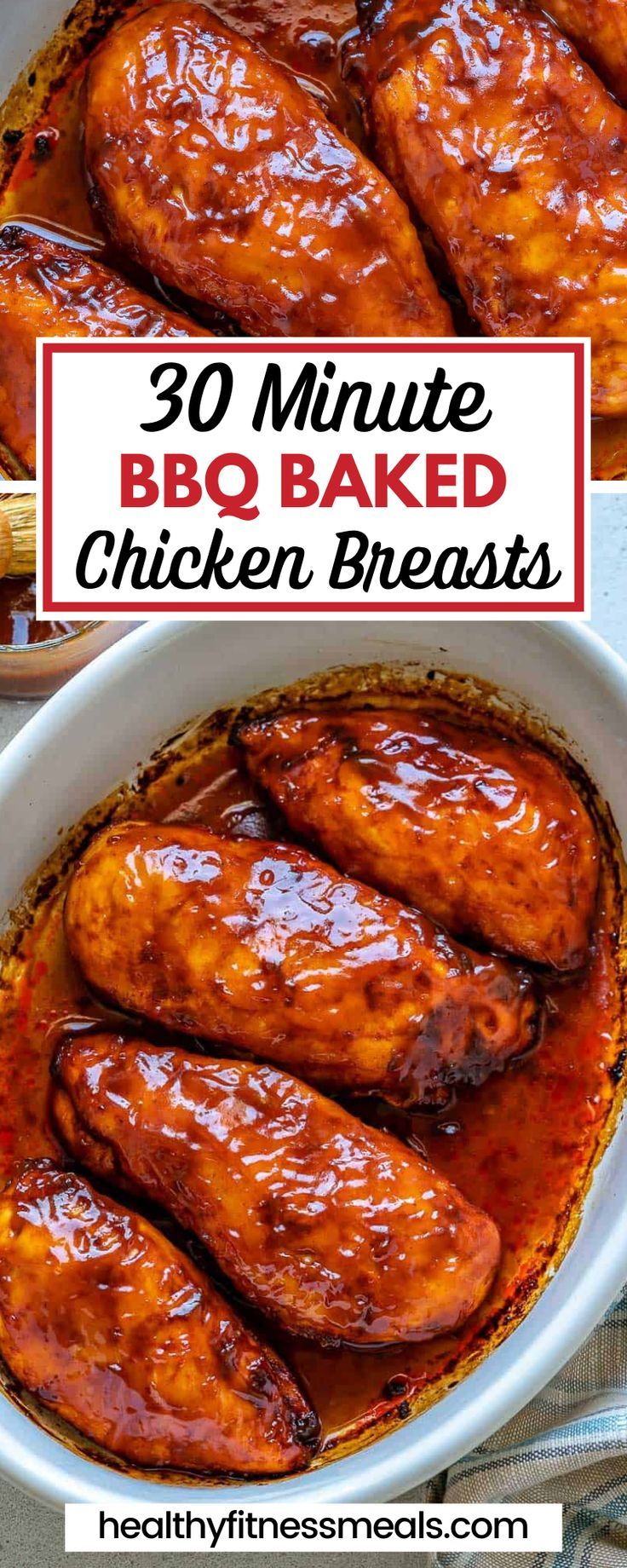 This 30 Minute BBQ Baked Chicken Breasts recipe is a fast and easy dinner. The chicken is covered in a sweet and tangy BBQ sauce, then baked until perfectly juicy and caramelized. You only need a few ingredients and you likely have them on hand already. You can serve this Baked BBQ Chicken Breast with any easy sides you like! For a well-rounded meal, choose a vegetable, healthy grain, and serving of fruit to go with the protein-dense chicken. Bbq Chicken Breast Oven, Chicken Breast Recipes Meal Prep, Bbq Chicken Breast Recipes, Easy Healthy Chicken Breast Recipes, Chicken Recipes Bbq, Baked Bbq Chicken Breast, Low Cal Chicken Recipes, Bbq Baked Chicken Breast, Sweet And Tangy Bbq Sauce