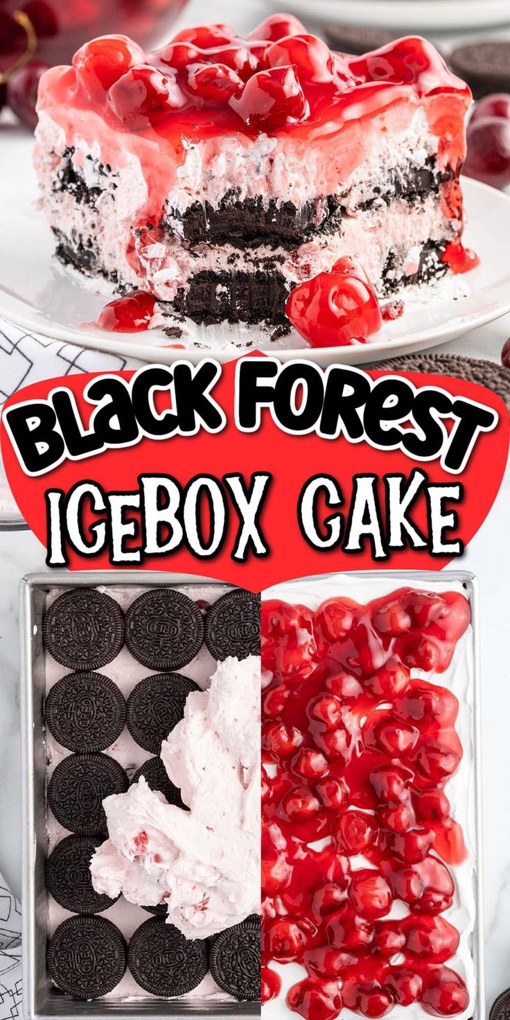 black forest icebox cake with cherries and oreo cookies on the side, in front of it