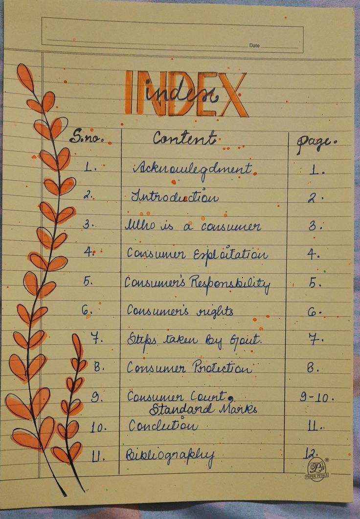 an index is written on lined paper with orange leaves and numbers in the middle, as well as other writing