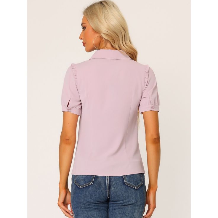 The beautiful and soft blouse adds a touch of elegant, feminine style to your wardrobe. It is suitable for spring and summer and for many occasions, such as casual, work, office, meeting, dating, weekend, leisure, and daily wear. Pair this doll-collar shirt with the high-waist jeans and sneakers for your casual-chic look, or wear it with a pencil skirt and high heels for sophistication and elegance. Doll Collar, Office Meeting, Elegant Feminine, Work Shirt, Waist Jeans, Casual Work, Purple Fashion, Work Office, Button Front Shirt