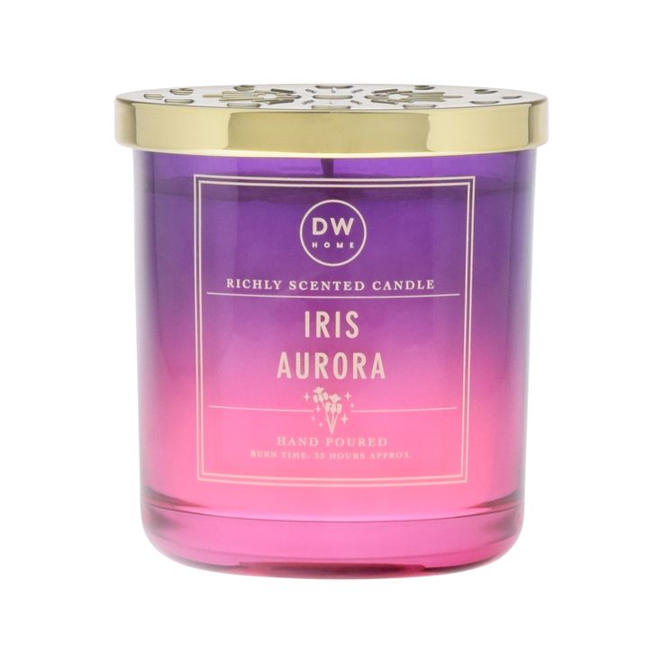 a pink and purple candle with gold lid