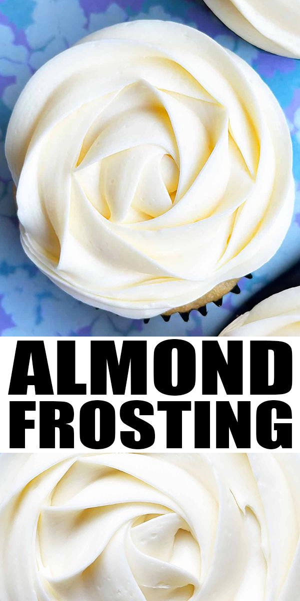 an image of white frosted cupcakes with the words almond frosting