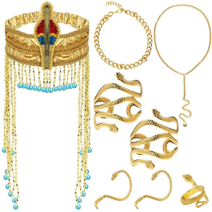 PRICES MAY VARY. Nice Combination: package come with 8 pieces of Egyptian costume accessories including 1 piece women gold Egyptian headpiece with beautiful bead, 2 piece gold snake layered necklace, 1 pair snake bracelet, 1 pair snake earrings and 1 piece snake ring, enough to match your costume, make you look more attractive Gold Snake Design: women Cleopatra costume accessories are stylish and eye catching, the Egyptian headpiece embellished with exquisite snake head, the bracelet designed in Cleopatra Headpiece, Egyptian Headpiece, Gold Snake Jewelry, Egyptian Cleopatra, Cleopatra Jewelry, Costume For Women, Headpiece Jewelry, Egyptian Jewelry, Snake Jewelry