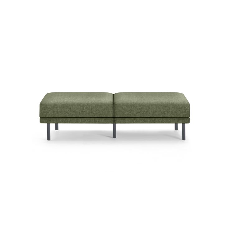 a small green bench with wooden legs on a white background and the seat is upholstered