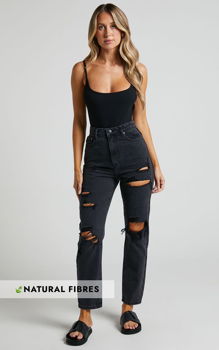 Billie Jeans - High Waisted Cotton Distressed Mom Denim Jeans in Black Wash | Showpo USA Black Ripped Mid-rise Jeans, Chic Ripped Jeans For Streetwear, Spring Black Ripped Jeans, Grunge High-rise Black Jeans, Black High Rise Grunge Jeans, High Rise Black Distressed Jeans, Edgy High Rise Denim Jeans, Edgy Dark Wash Jeans For Night Out, Edgy High Rise Jeans For Fall