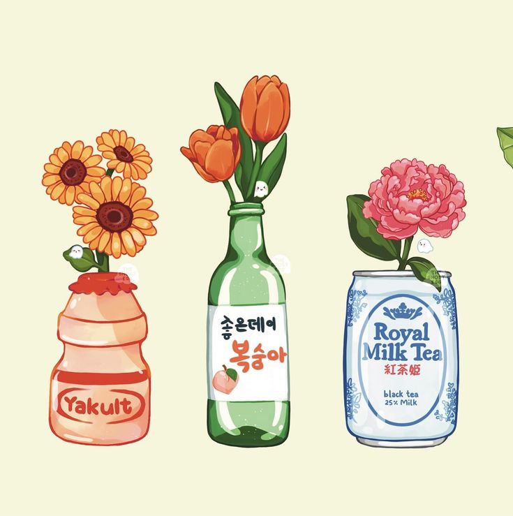 three bottles with flowers in them sitting next to each other on a white background and the words royal milk tea written in japanese