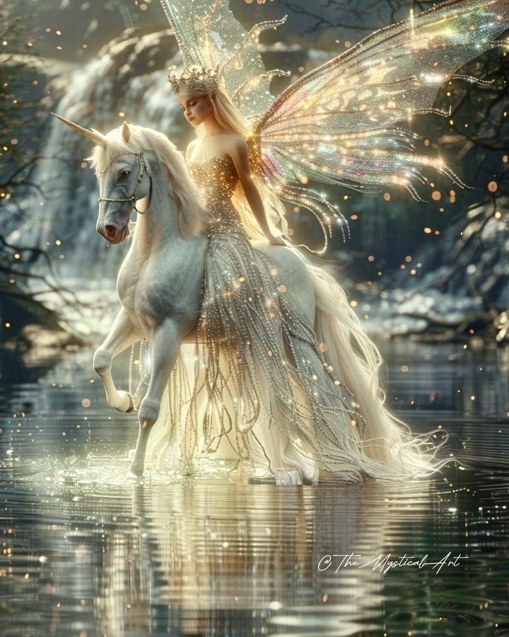 a fairy riding on the back of a white horse in water with sparkles all around