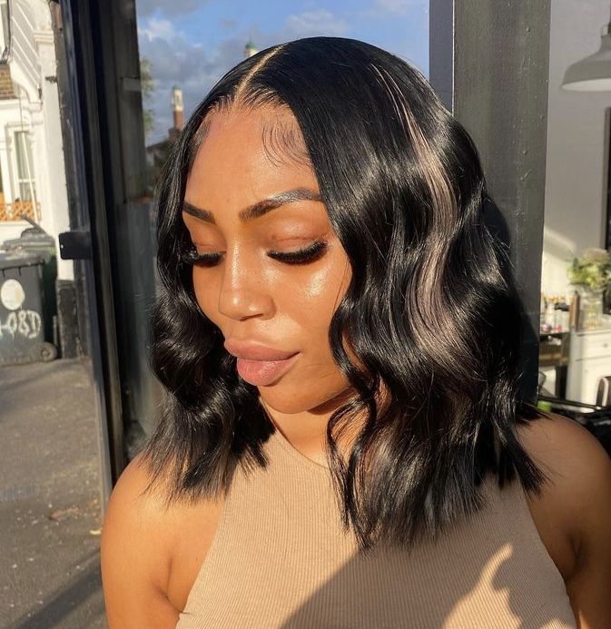 Bob Hairstyles For Black Women Crimps, Crimped Bob Side Part, Middle Part Bob Beach Waves, Short Bob Weaves Sew In Black Women, Beach Wave Quick Weave Bob, Middle Part Beach Waves Bob Black Women, Beach Waves Quick Weave, Wavy Bob With Highlights, Beach Waved Hairstyle Short