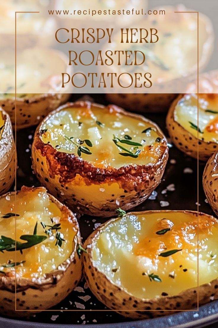 crispy herb roasted potatoes on a baking pan with herbs and seasoning sprinkles