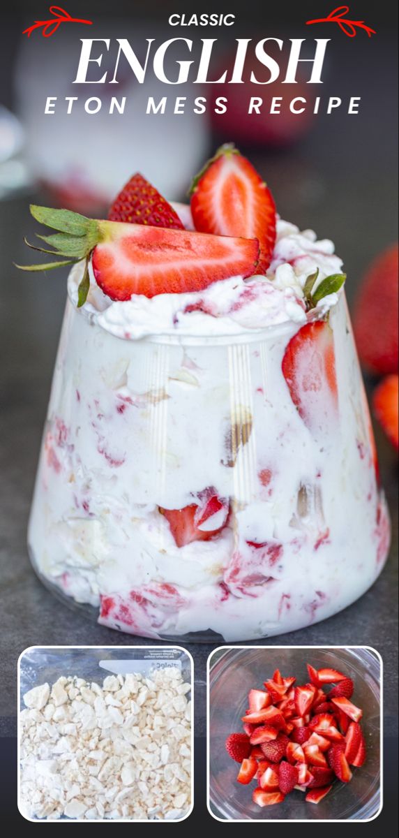 an image of a dessert with strawberries and cream in it on the cover of english efon mess recipe