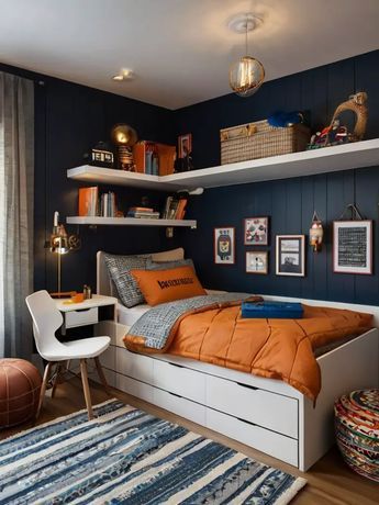 a bedroom with blue walls and white shelves